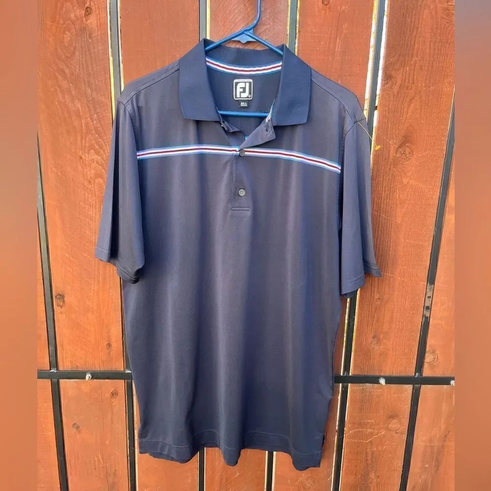 Foot joy FJ mens single stripe navy blue polo shirt athletic fit Large